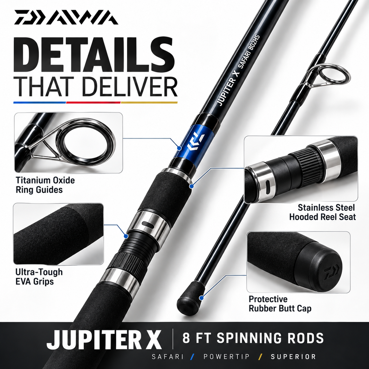 Daiwa Jupiter X titanium oxide guides, stainless steel hooded reel seat, EVA grips and butt cap
