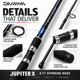 Daiwa Jupiter X titanium oxide guides, stainless steel hooded reel seat, EVA grips and butt cap