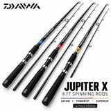 Daiwa Jupiter X 8ft Safari blue, Powertip red and Superior gold spinning rods