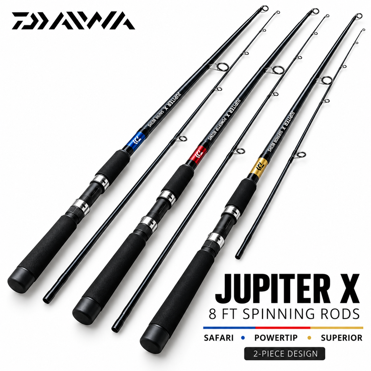 Daiwa Jupiter X 8ft Safari blue, Powertip red and Superior gold spinning rods
