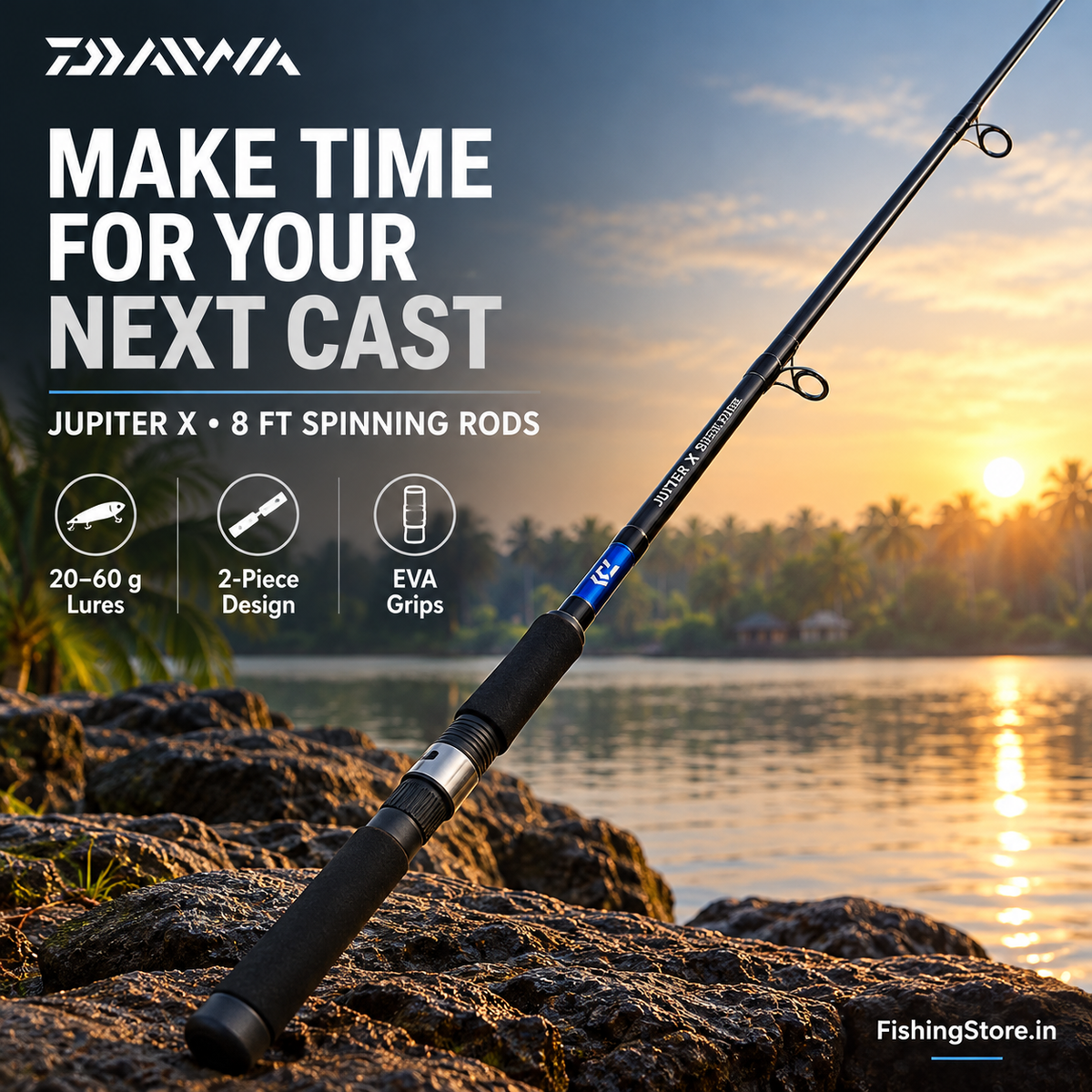 Daiwa Jupiter X 8ft spinning rod beside a backwater shore