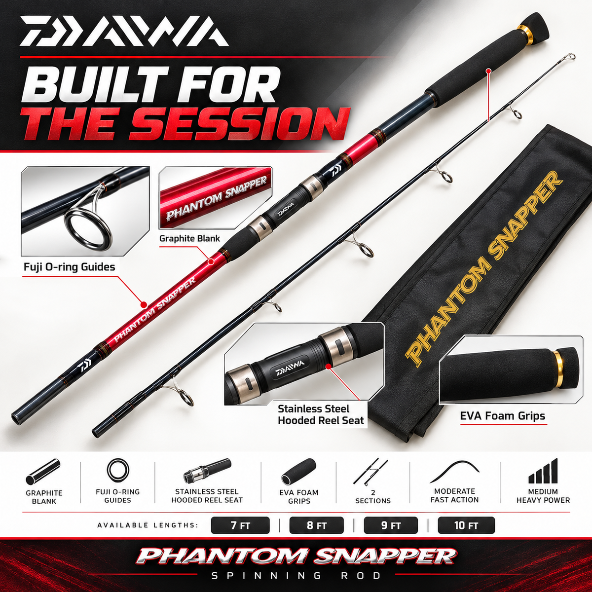 Daiwa Phantom Snapper graphite blank, Fuji O-ring guides, reel seat and EVA grips