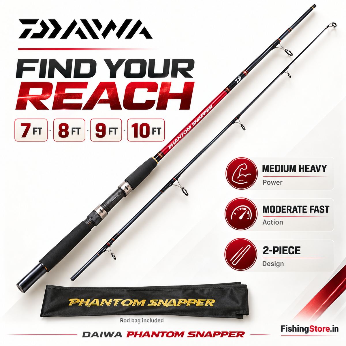 Daiwa Phantom Snapper length range, medium-heavy power and two-piece design
