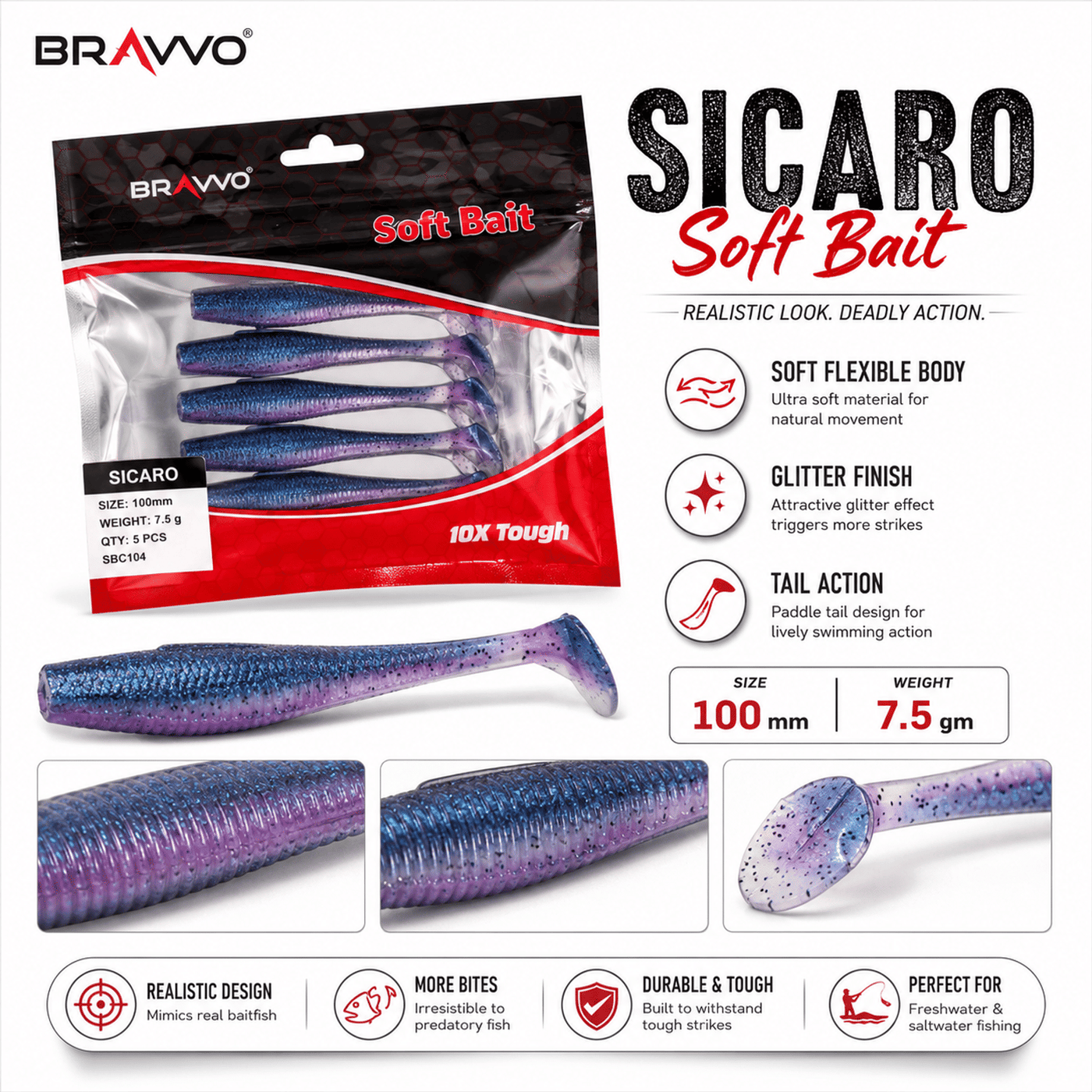Bravvo Sicaro Soft Lure 100mm 7.5g - Blue Purple Glitter - Single Piece