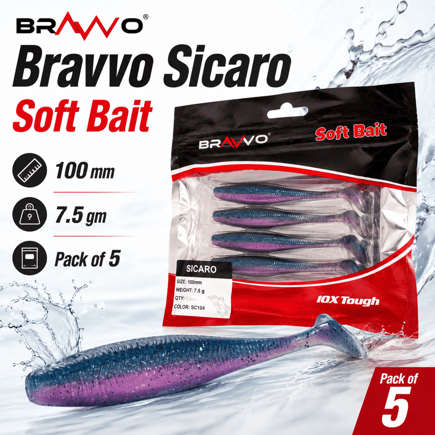 Bravvo Sicaro Soft Lure 100mm 7.5g - Blue Purple Glitter - Single Piece