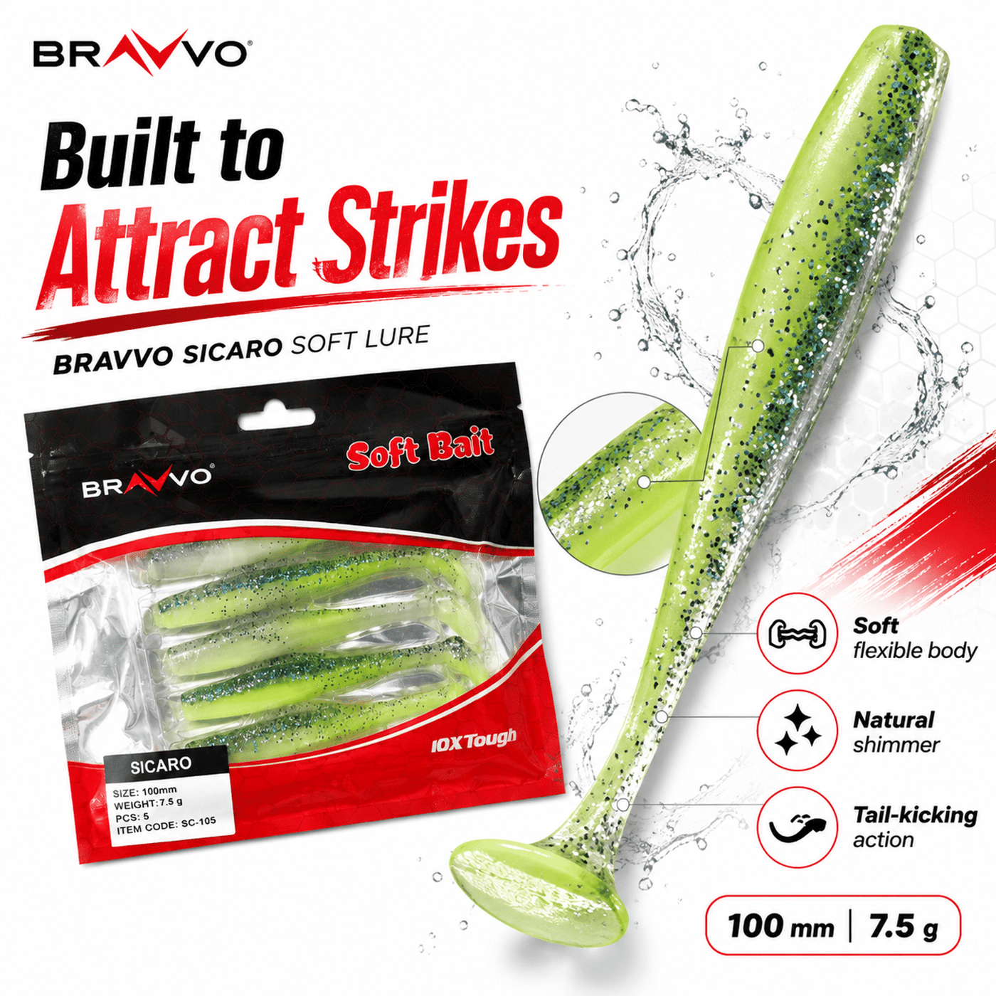 Bravvo Sicaro Soft Lure 100mm 7.5g - Green Glitter - Single Piece