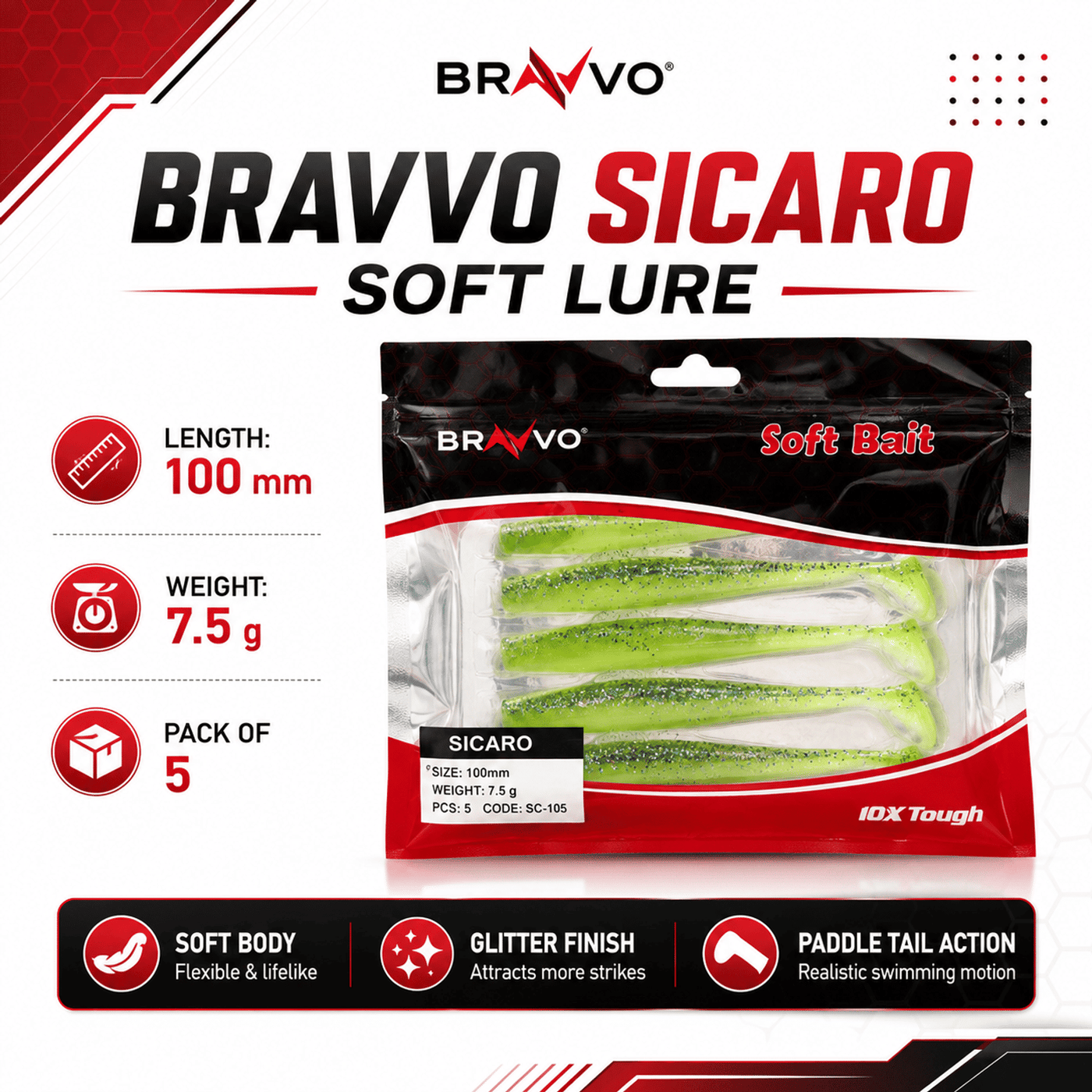 Bravvo Sicaro Soft Lure 100mm 7.5g - Green Glitter - Single Piece