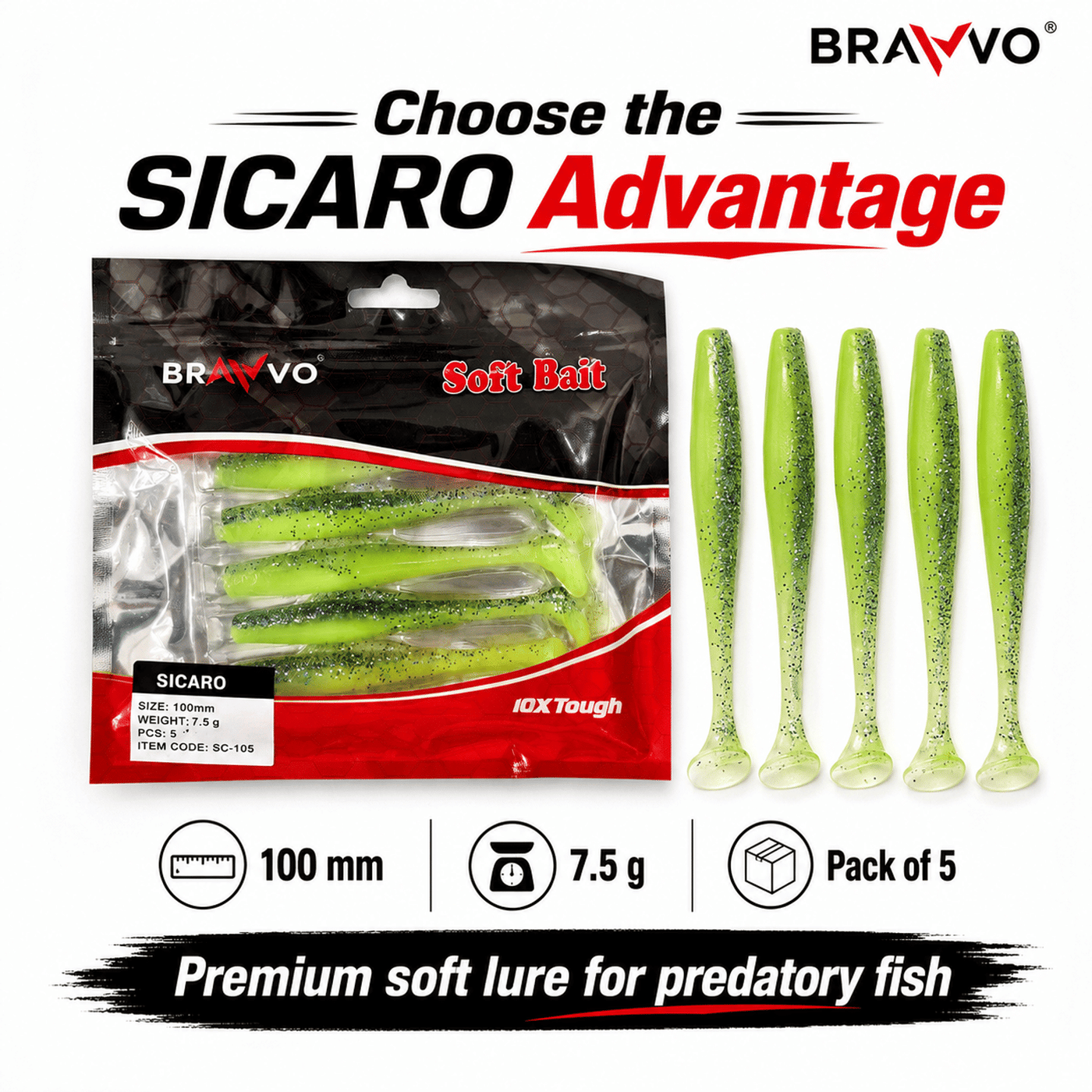 Bravvo Sicaro Soft Lure 100mm 7.5g - Green Glitter - Single Piece