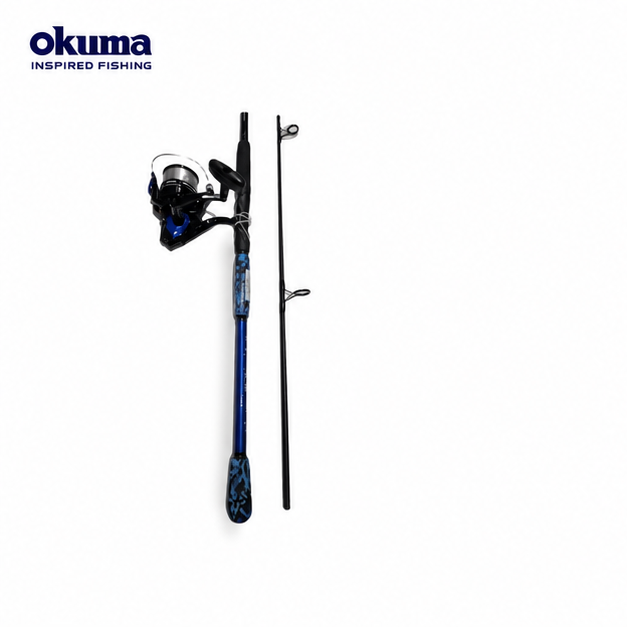 Okuma Fin Chaser X 8ft rod and reel combo on white background