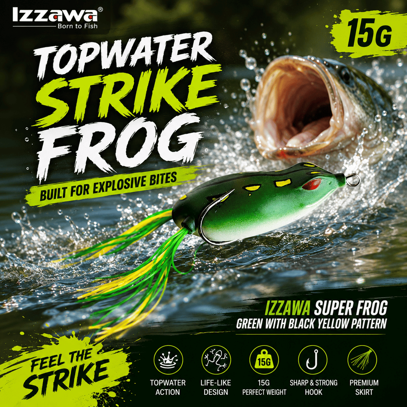IZZAWA Super Frog Green with Black Yellow Pattern Frog Lure 15g | Pack of 1