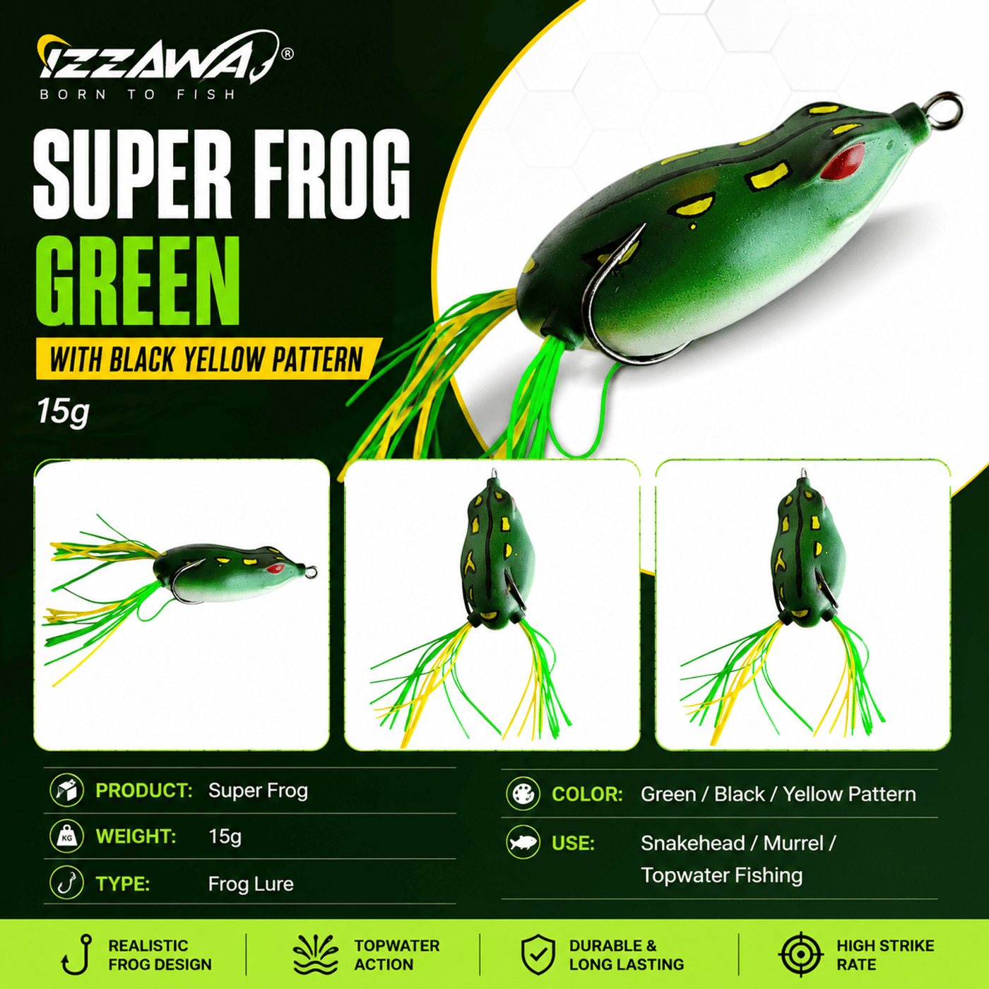 IZZAWA Super Frog Green with Black Yellow Pattern Frog Lure 15g | Pack of 1