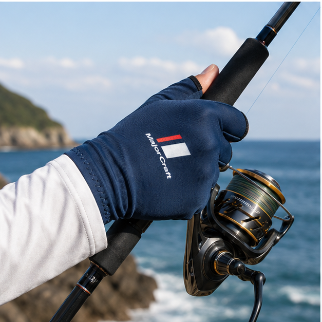 MajorCraft fishing gloves used while handling a spinning rod