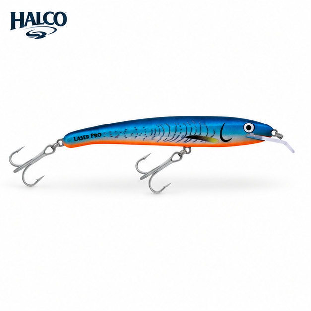 Halco Laser Pro 160 H90 Blue Fluoro trolling lure on white background