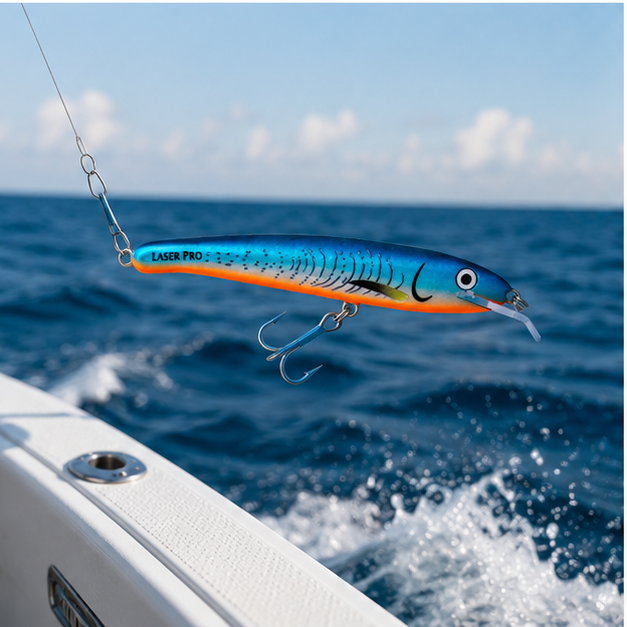Blue trolling lure presented beside offshore fishing tackle