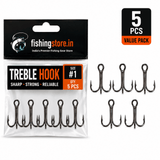 IZZAWA Treble Fishing Hooks - Pack of 5, High Carbon Steel, Black Nickel