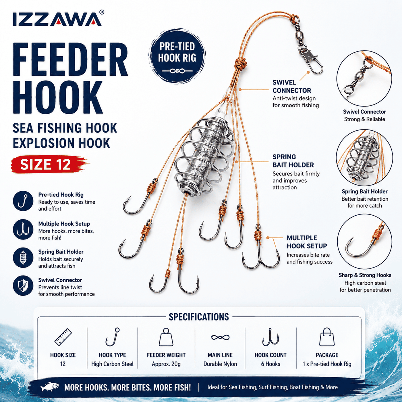 IZZAWA Feeder Hook Sea Fishing Hook Explosion Hook - Size 12