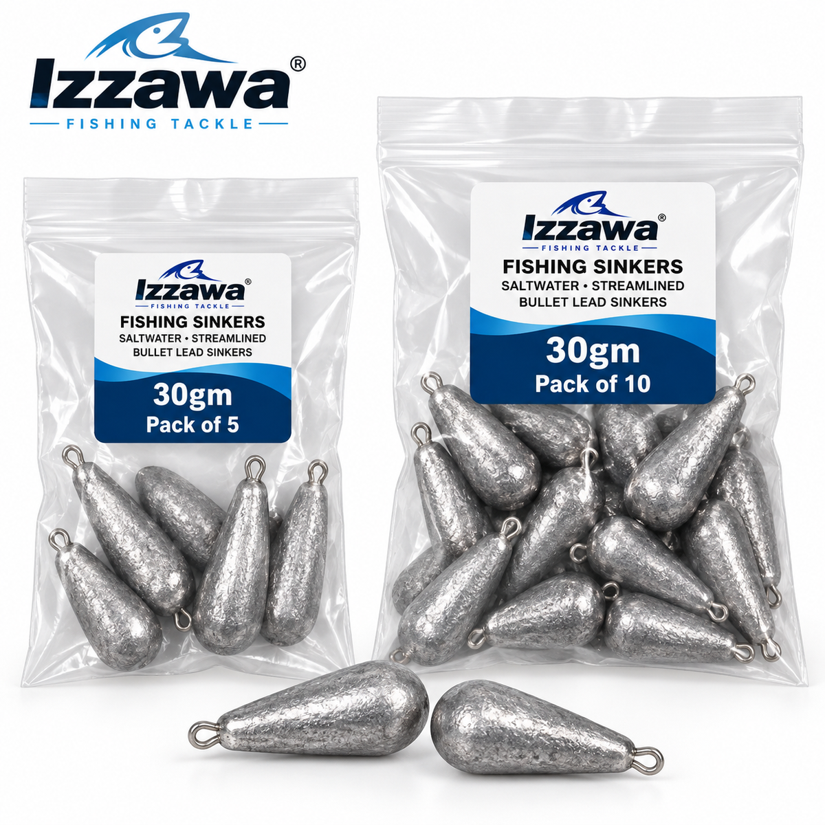 Izzawa 30gm Bullet Lead Fishing Sinkers Pack of 5 and Pack of 10 main product image