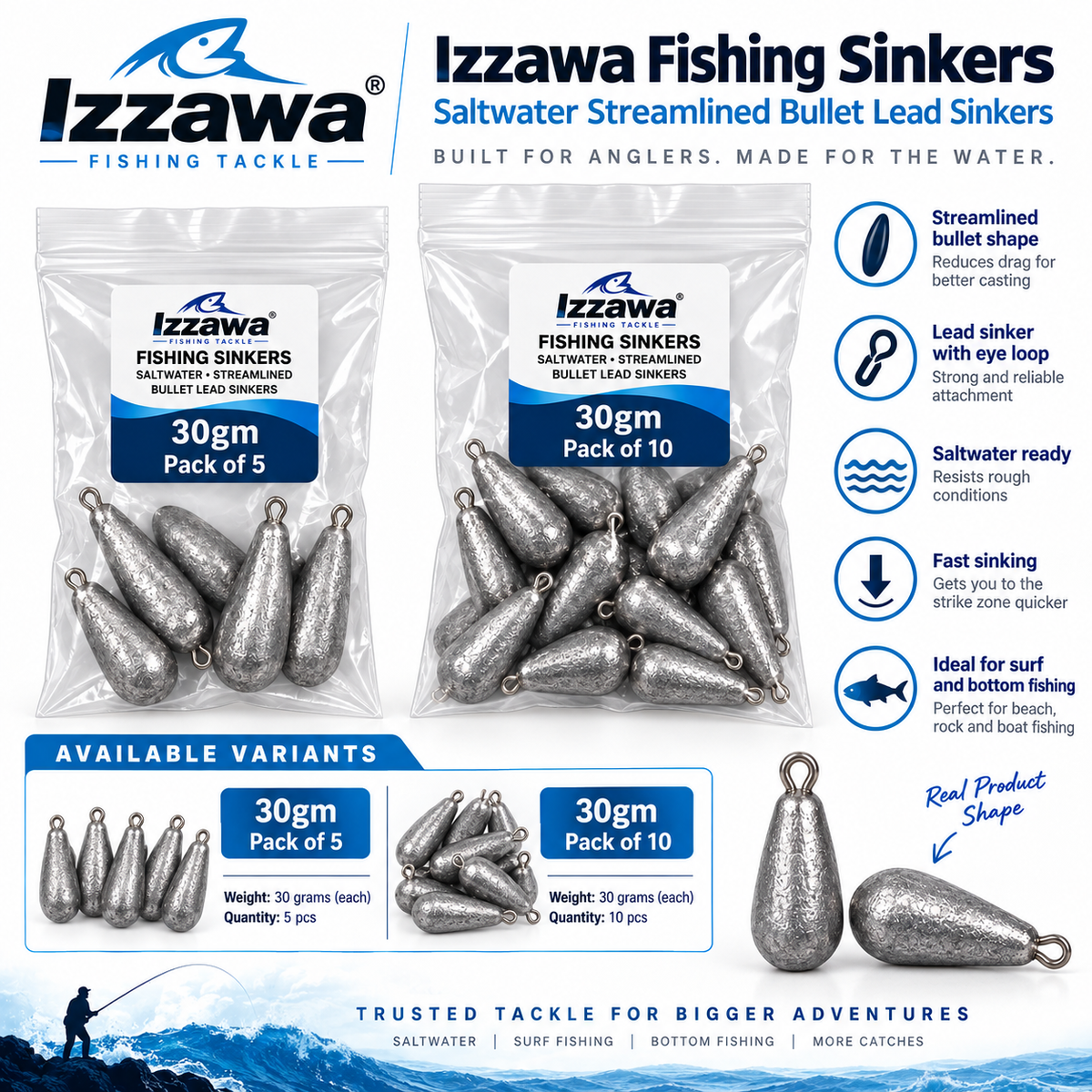 Izzawa 30gm Bullet Lead Fishing Sinkers variants and specifications