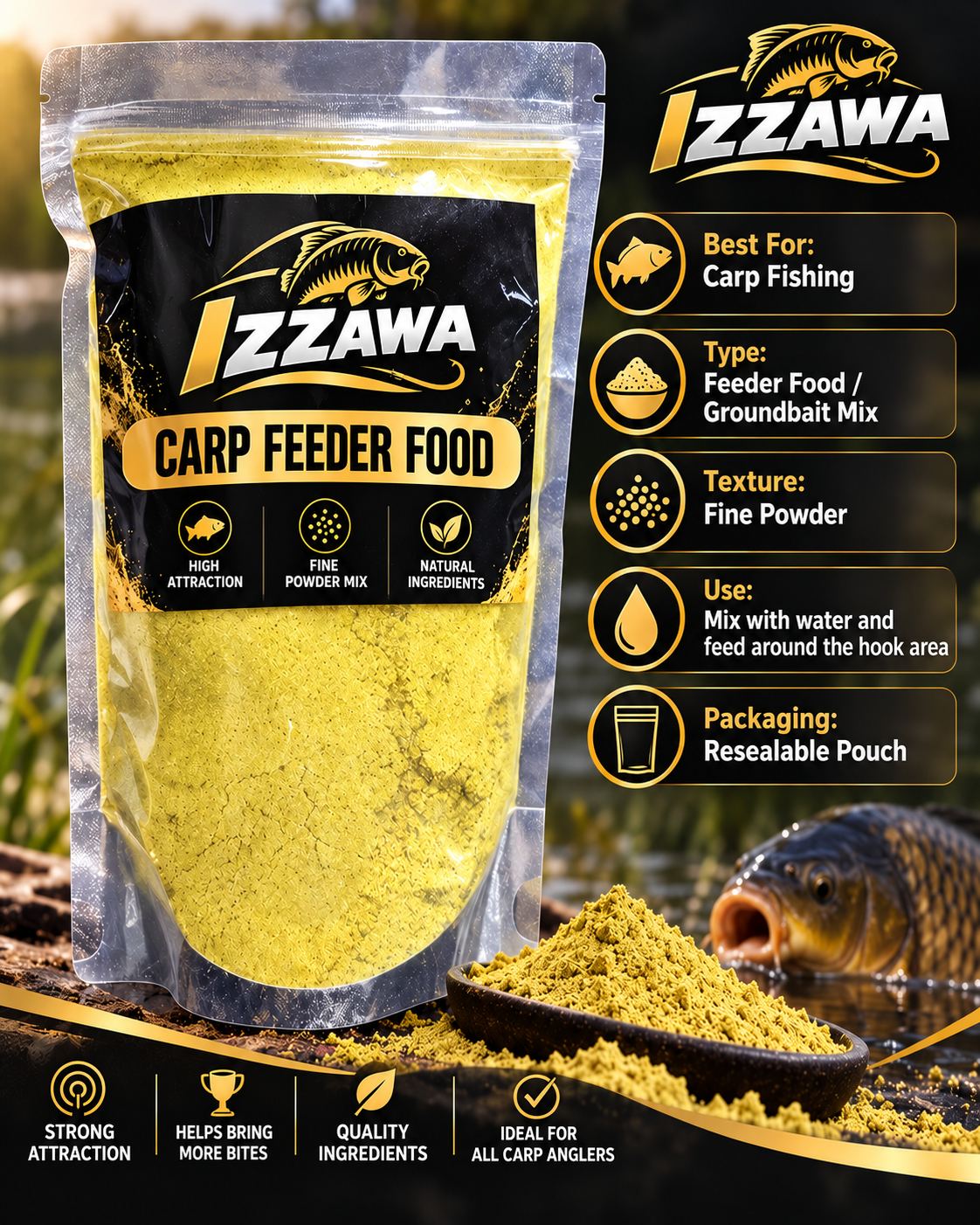 IZZAWA Carp Feeder Food promotional carp fishing image.