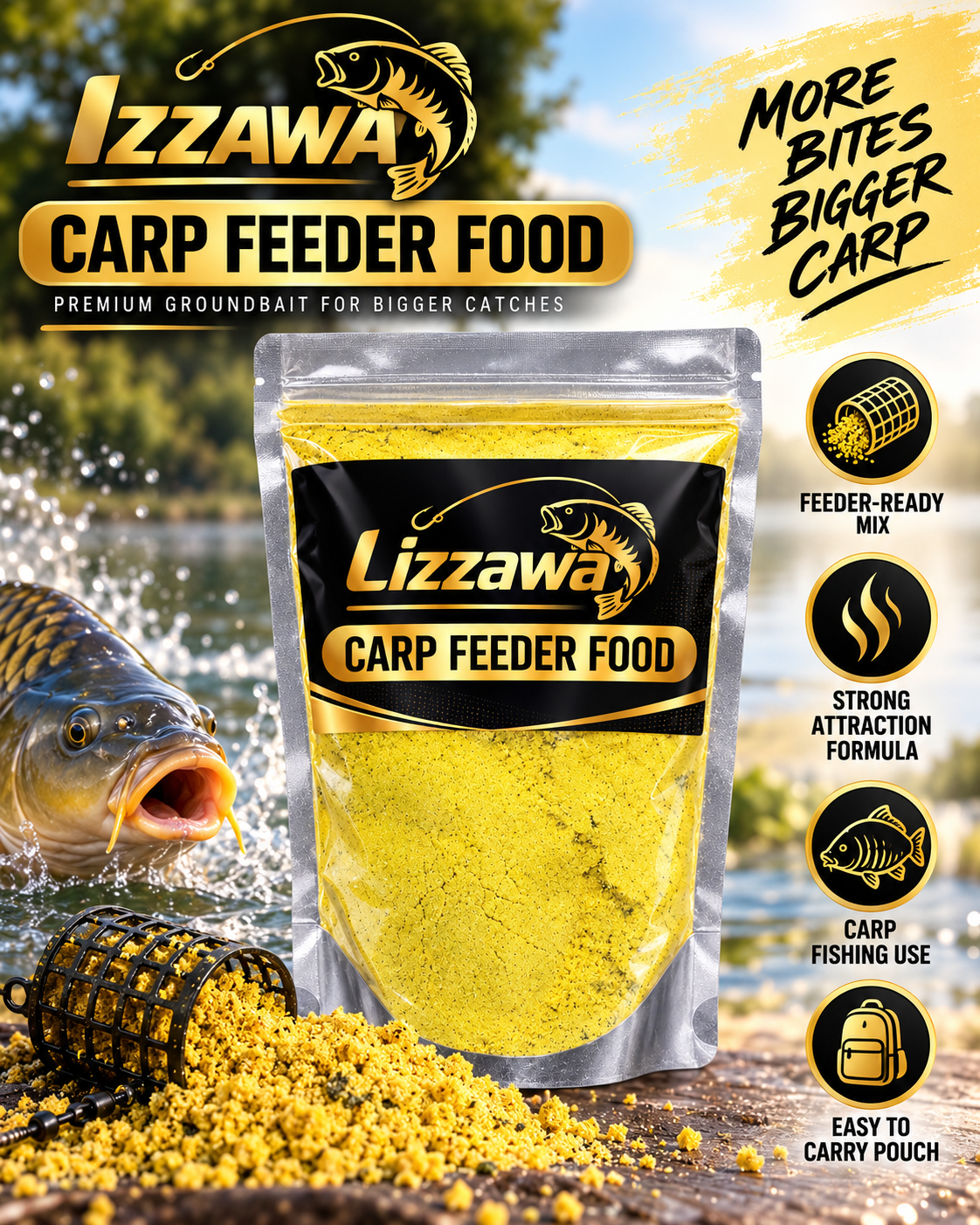 IZZAWA Carp Feeder Food product showcase.