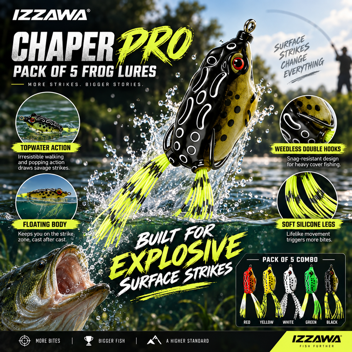 Izzawa Chaper Pro Pack of 5 Frog Lures topwater action image