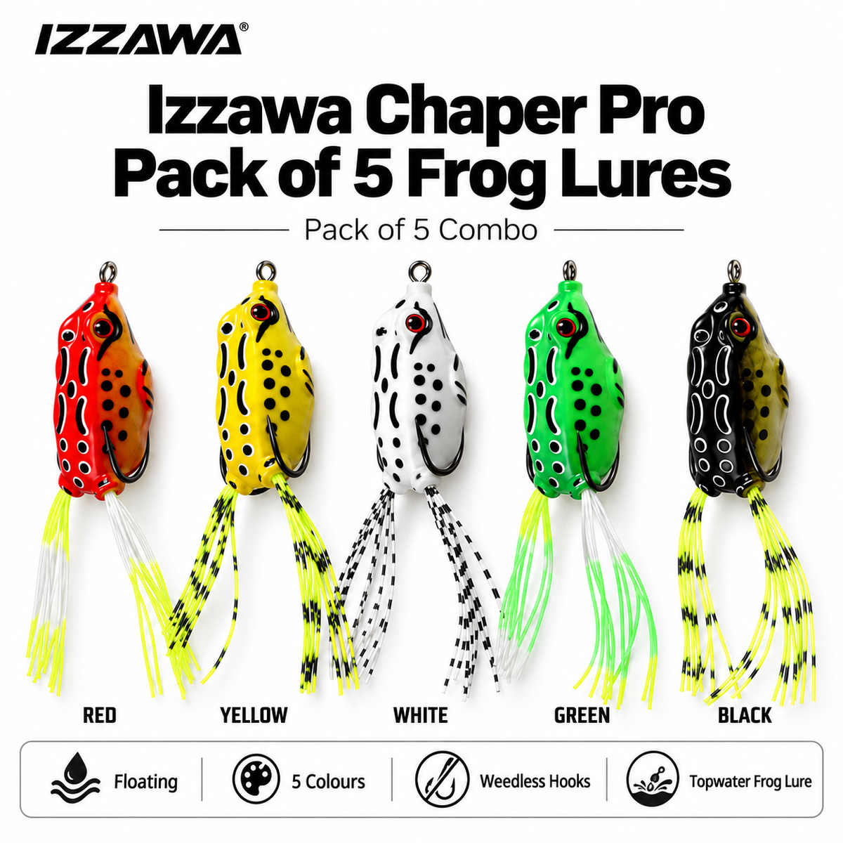Izzawa Chaper Pro Pack of 5 Frog Lures colours and specifications
