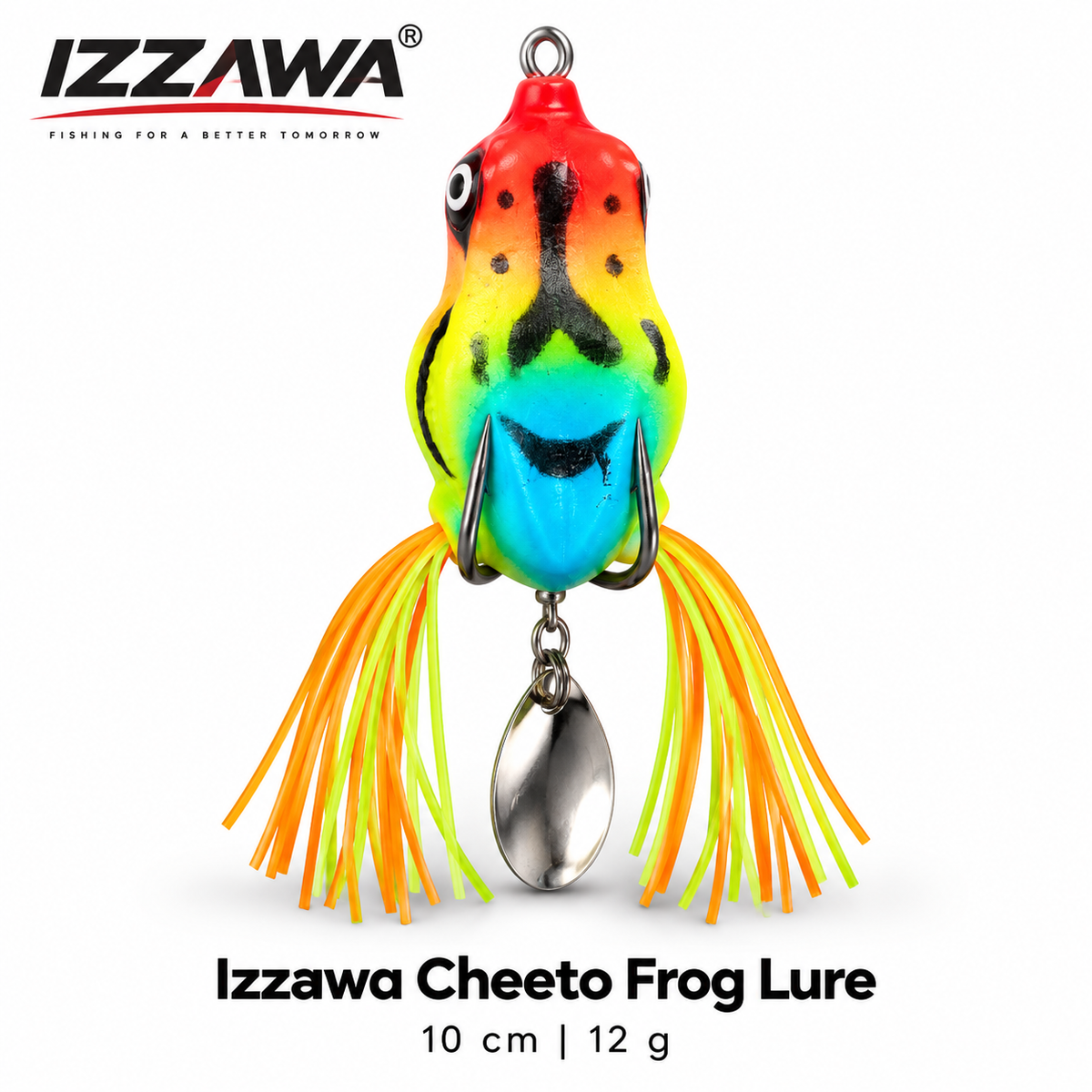 Izzawa Cheeto Frog Lure 10 cm 12 g on a white background, with a multicolour body, double hooks, skirt tails and a silver spinner blade