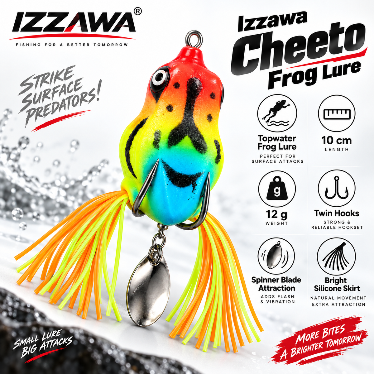 Izzawa Cheeto Frog Lure specifications showing 10 cm length, 12 g weight, twin hooks, spinner blade and bright skirt tails