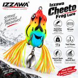 Izzawa Cheeto Frog Lure specifications showing 10 cm length, 12 g weight, twin hooks, spinner blade and bright skirt tails