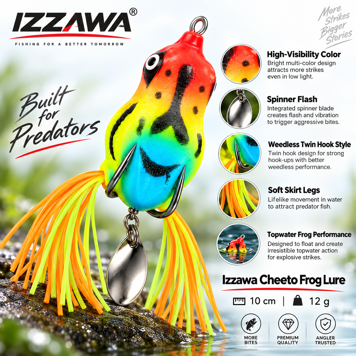 Izzawa Cheeto Frog Lure feature close-ups of the multicolour finish, silver spinner blade, body-hugging twin hooks and flexible skirt tails