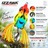 Izzawa Cheeto Frog Lure feature close-ups of the multicolour finish, silver spinner blade, body-hugging twin hooks and flexible skirt tails