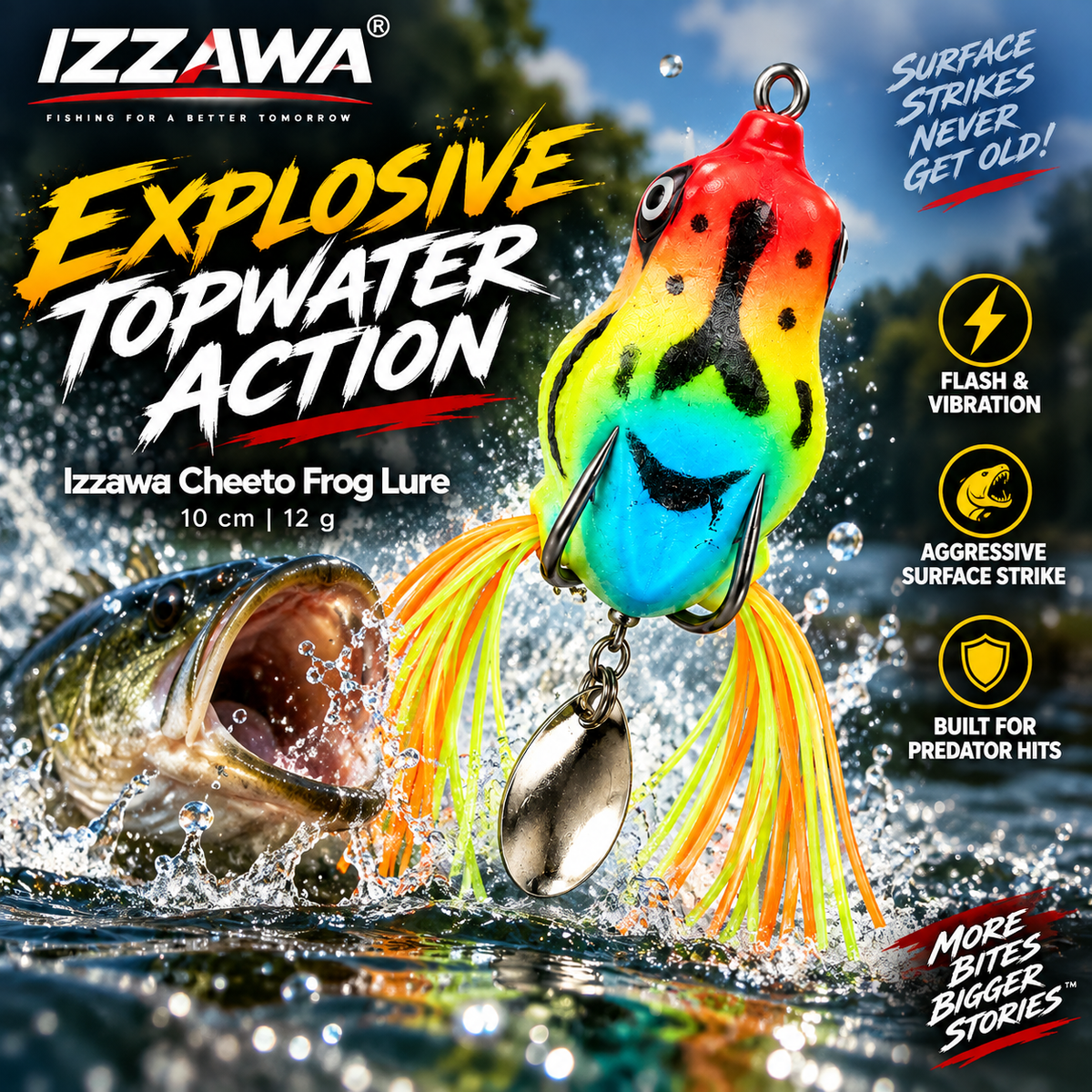 Izzawa Cheeto Frog Lure 10 cm 12 g topwater fishing promotional image, showing its multicolour body, skirt tails and spinner blade