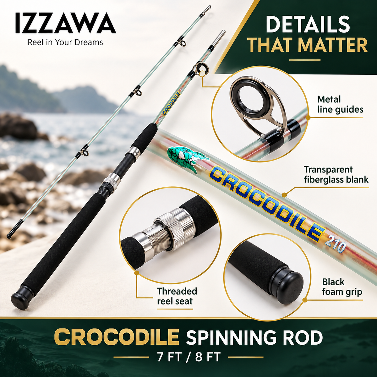 IZZAWA Crocodile rod guides, transparent fiberglass blank, reel seat and foam grip