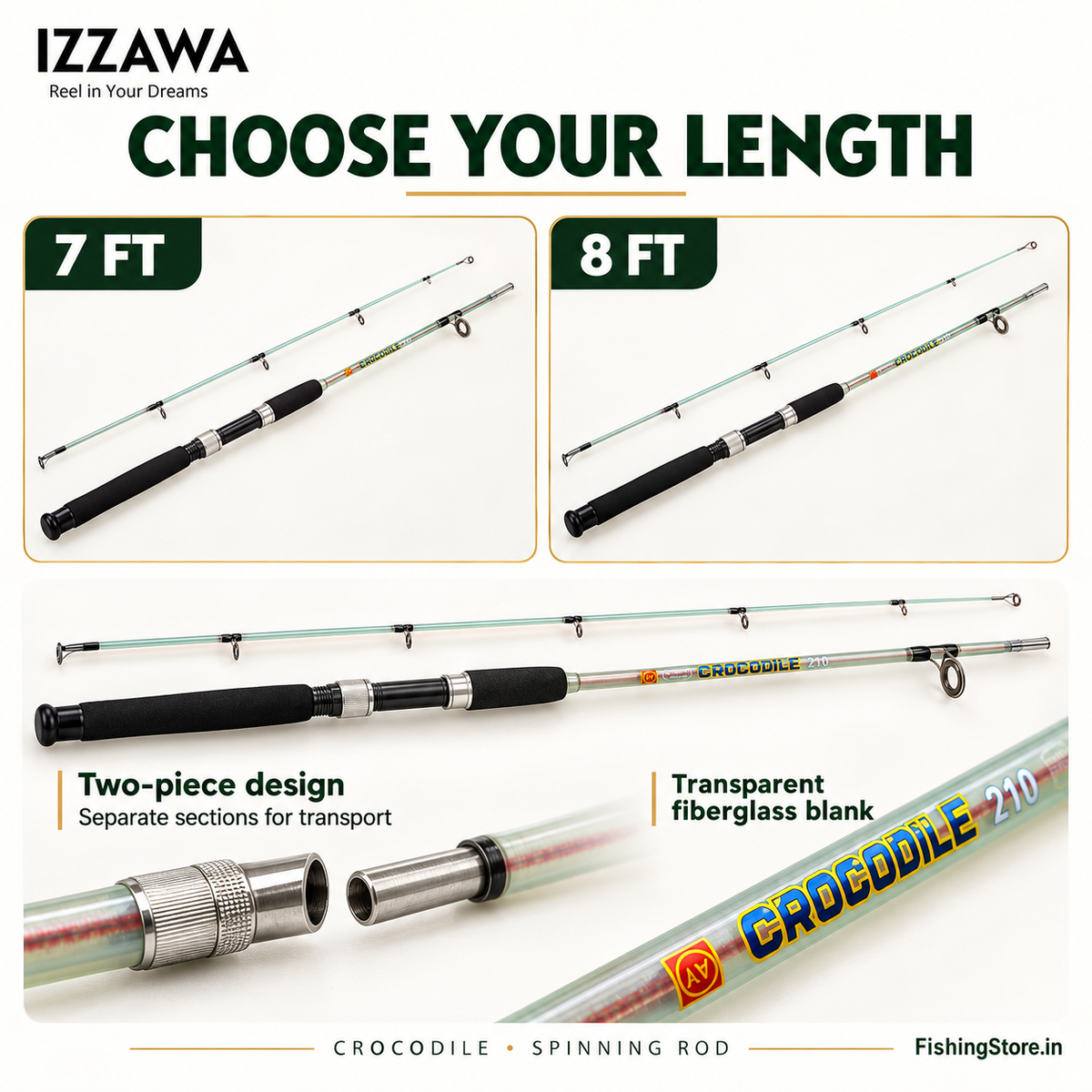 IZZAWA Crocodile rod 7 ft and 8 ft lengths with two-piece design