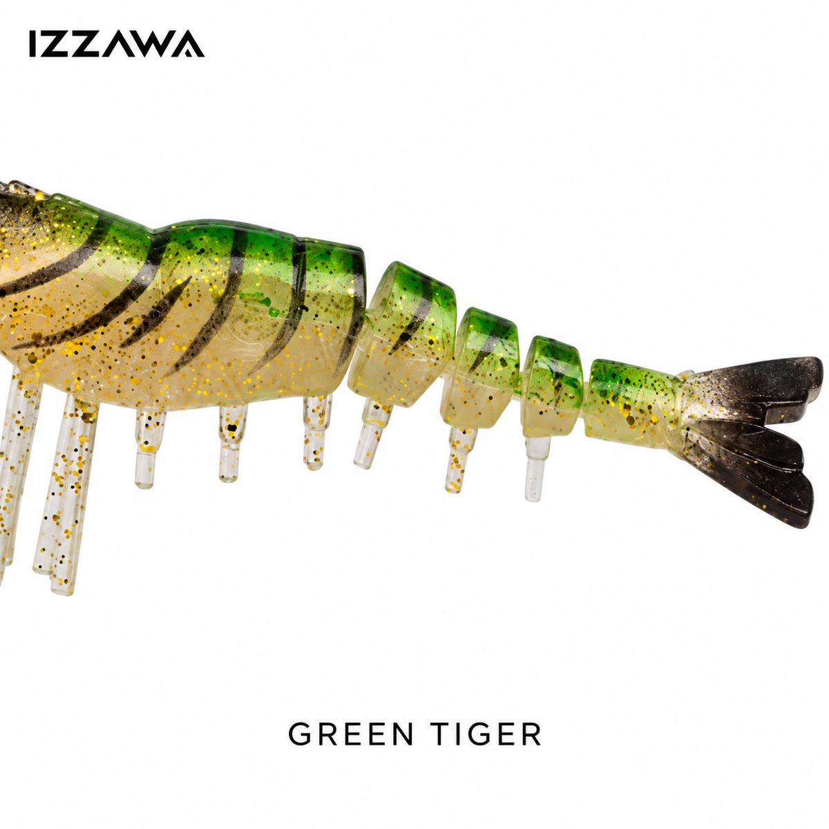 Close-up of the Green Tiger shrimp lure's striped translucent body and dark split tail