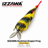 IZZAWA Dushman Dragon Frog Yellow Black, 9.5 cm and 24 g, on a white background with twin hooks, flexible side strands and two silver-coloured blades