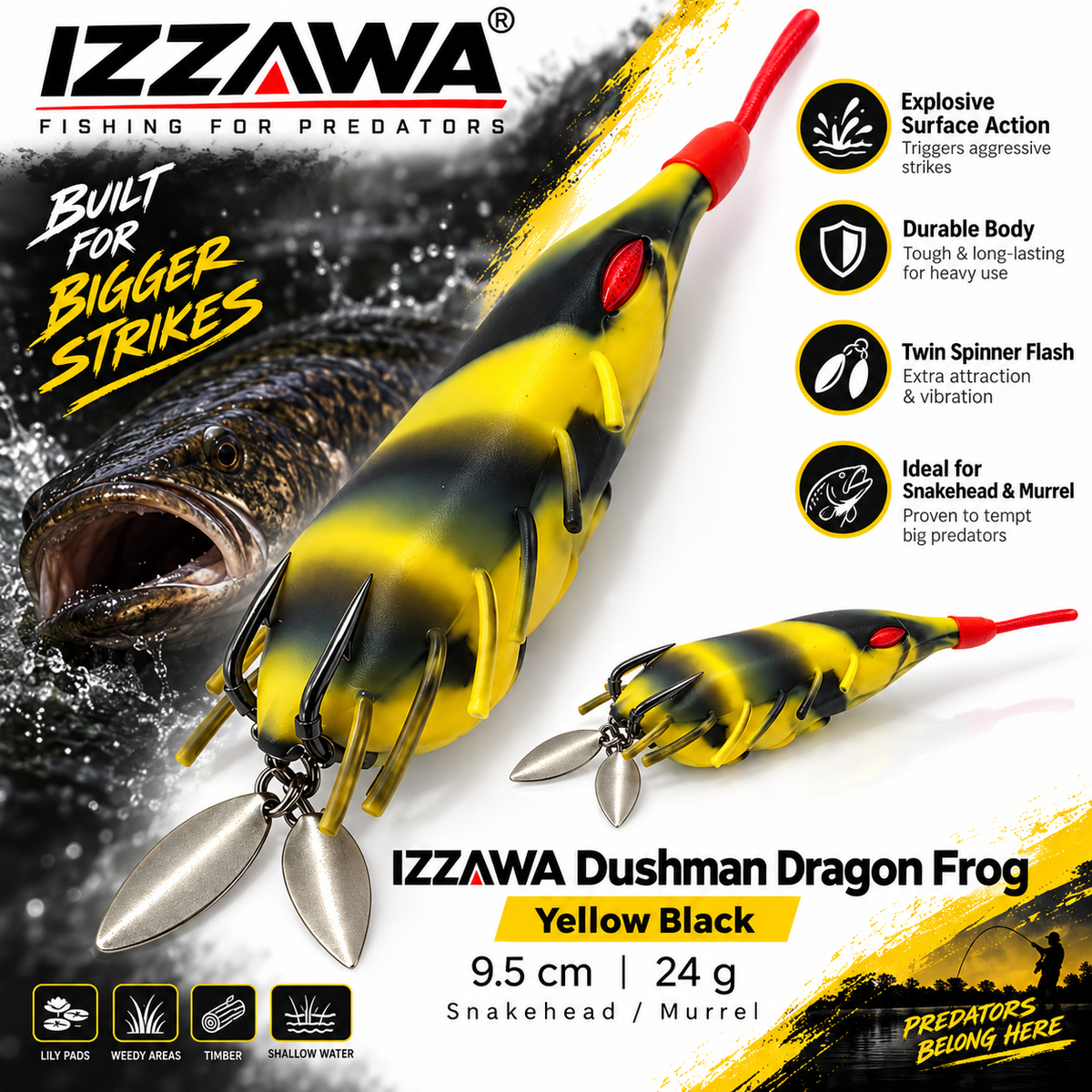 IZZAWA Dushman Dragon Frog Yellow Black feature image showing its striped body, red nose, flexible side strands, twin hooks and two metal blades, 9.5 cm and 24 g