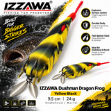 IZZAWA Dushman Dragon Frog Yellow Black feature image showing its striped body, red nose, flexible side strands, twin hooks and two metal blades, 9.5 cm and 24 g