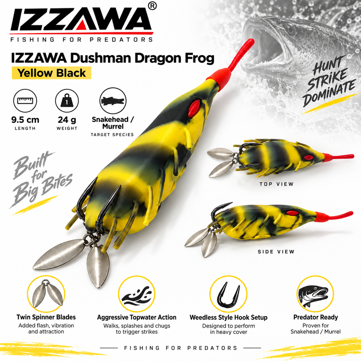 IZZAWA Dushman Dragon Frog Yellow Black specifications, 9.5 cm length and 24 g weight, showing different views of the same lure and its twin blades and hooks