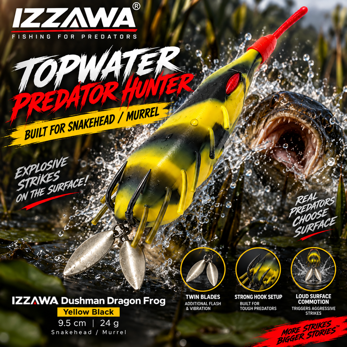 IZZAWA Dushman Dragon Frog Yellow Black 9.5 cm 24 g topwater fishing promotional image for snakehead and murrel, featuring the lure with its two rear blades