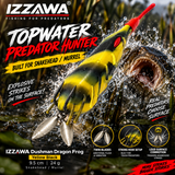 IZZAWA Dushman Dragon Frog Yellow Black 9.5 cm 24 g topwater fishing promotional image for snakehead and murrel, featuring the lure with its two rear blades