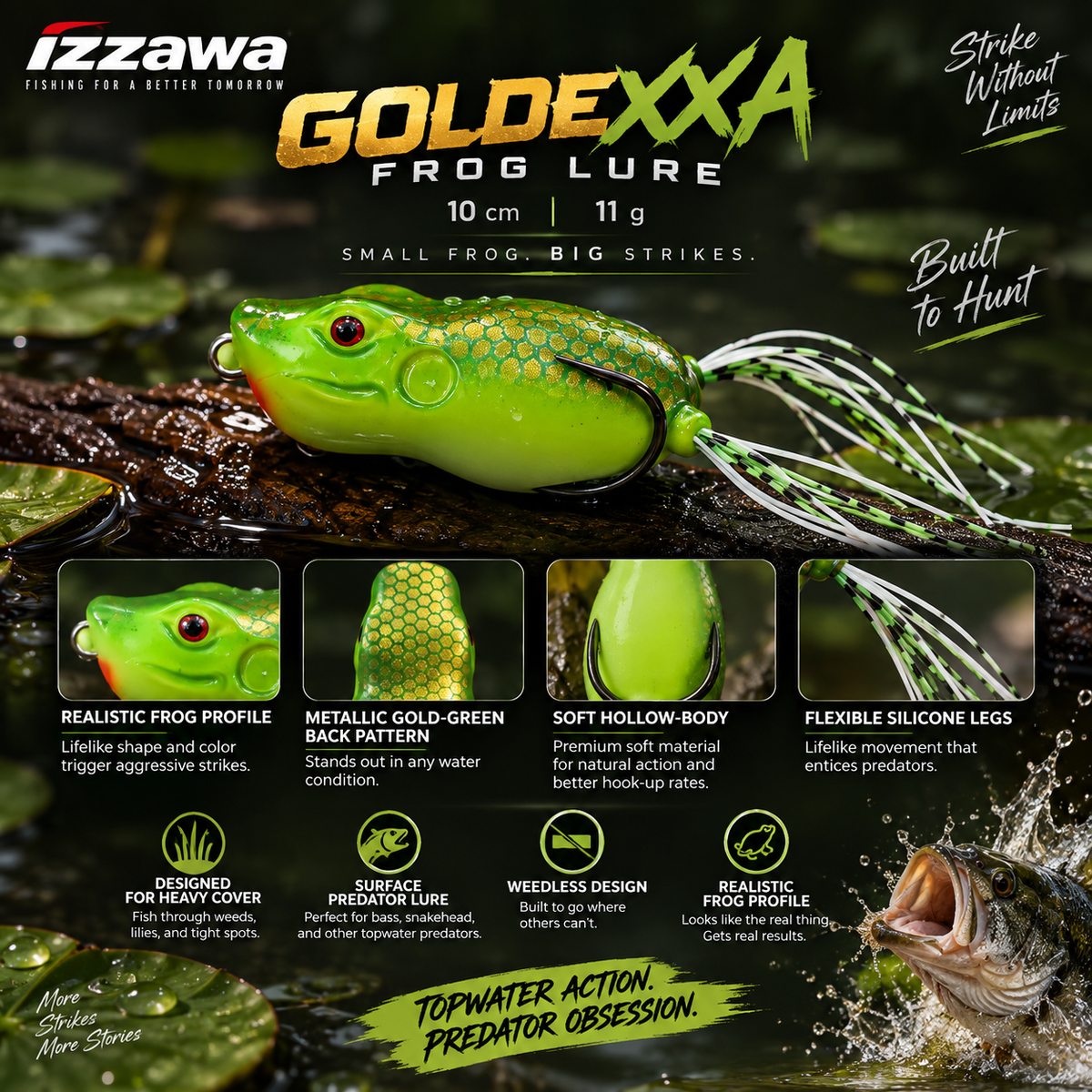 Izzawa Goldexxa Frog Lure topwater strike feature image