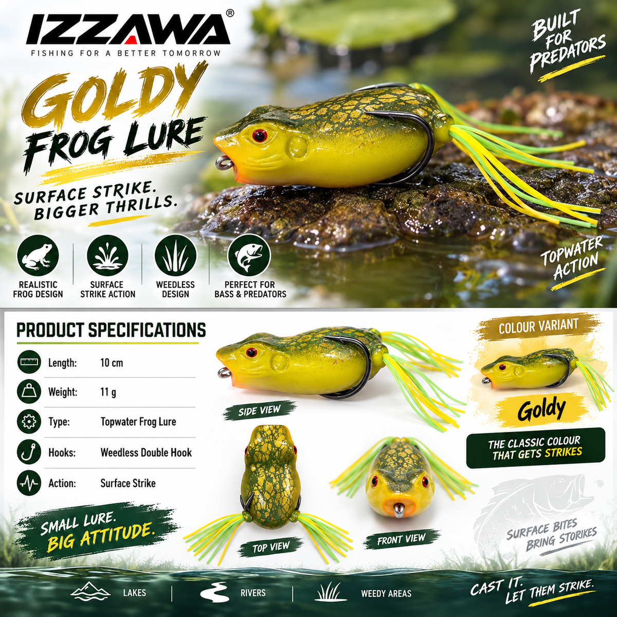 Izzawa Goldy Frog Lure specifications and colour image