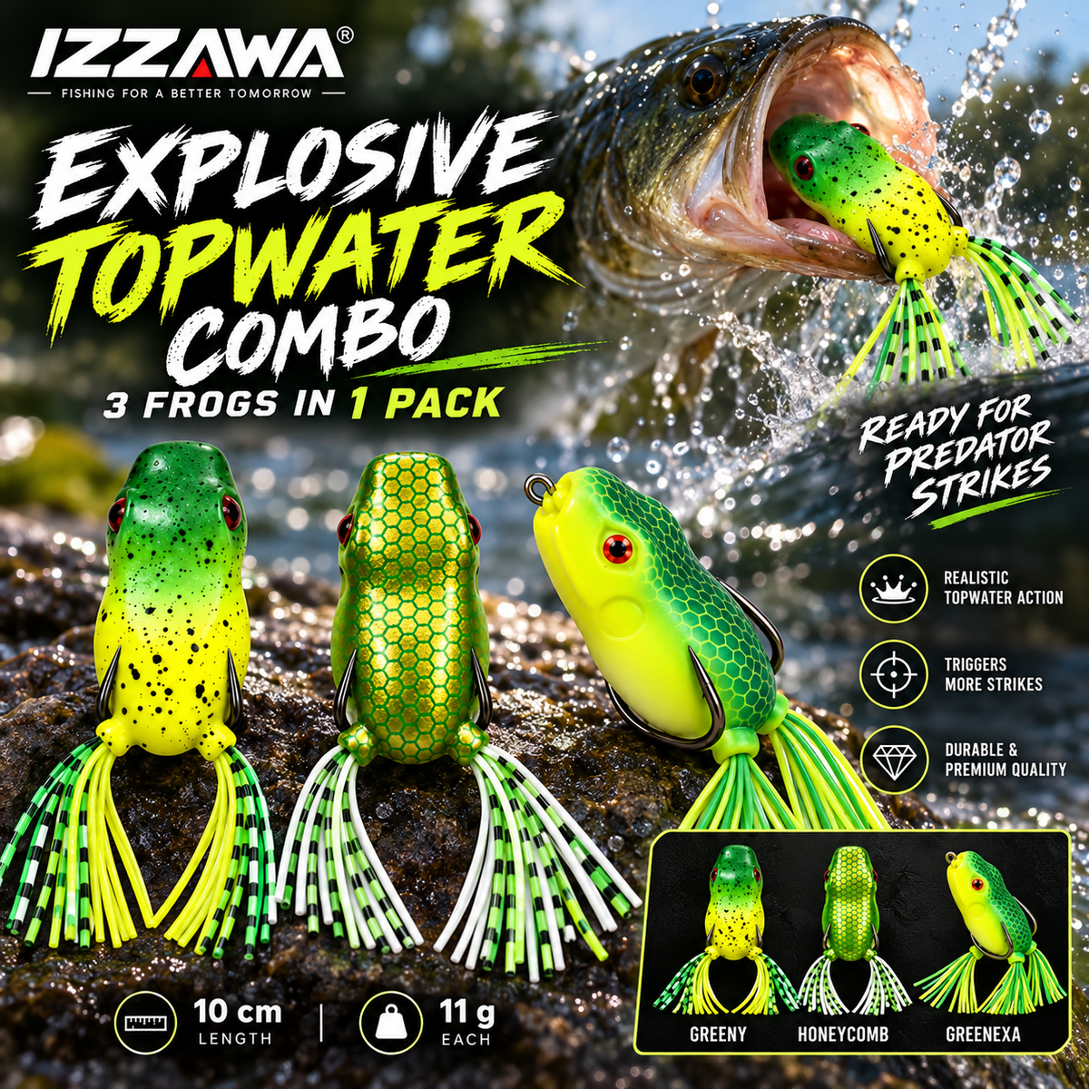 Izzawa Greenexa Combo Pack of 3 frog lures promotional topwater fishing image, showing Greeny, Goldexxa and Greenexa
