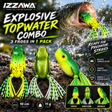 Izzawa Greenexa Combo Pack of 3 frog lures promotional topwater fishing image, showing Greeny, Goldexxa and Greenexa