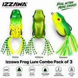 Izzawa three-frog combo specifications and colour names: Greeny, Goldexxa and Greenexa; 10 cm, 11 g per lure