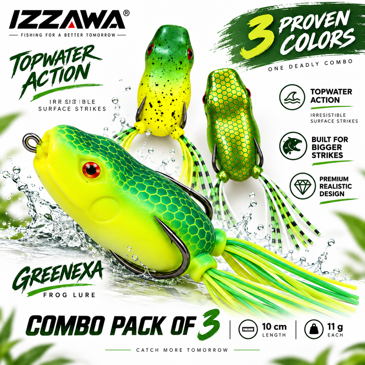 Izzawa Greenexa Combo Pack of 3 topwater frog lure feature poster, with Greeny, Goldexxa and Greenexa
