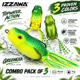 Izzawa Greenexa Combo Pack of 3 topwater frog lure feature poster, with Greeny, Goldexxa and Greenexa