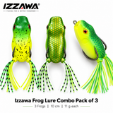 Izzawa Greenexa Combo Pack of 3 frog lures: Greeny, Goldexxa and Greenexa, 10 cm and 11 g each, on a white background