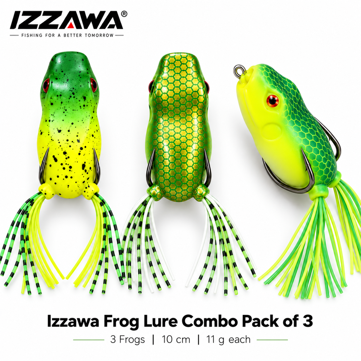 Izzawa Greenexa Combo Pack of 3 frog lures: Greeny, Goldexxa and Greenexa, 10 cm and 11 g each, on a white background